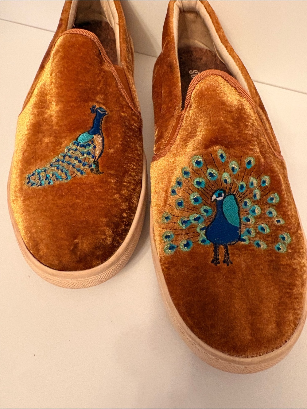Soludos Burnt Orange Velvet Peacock Slip-On Mules